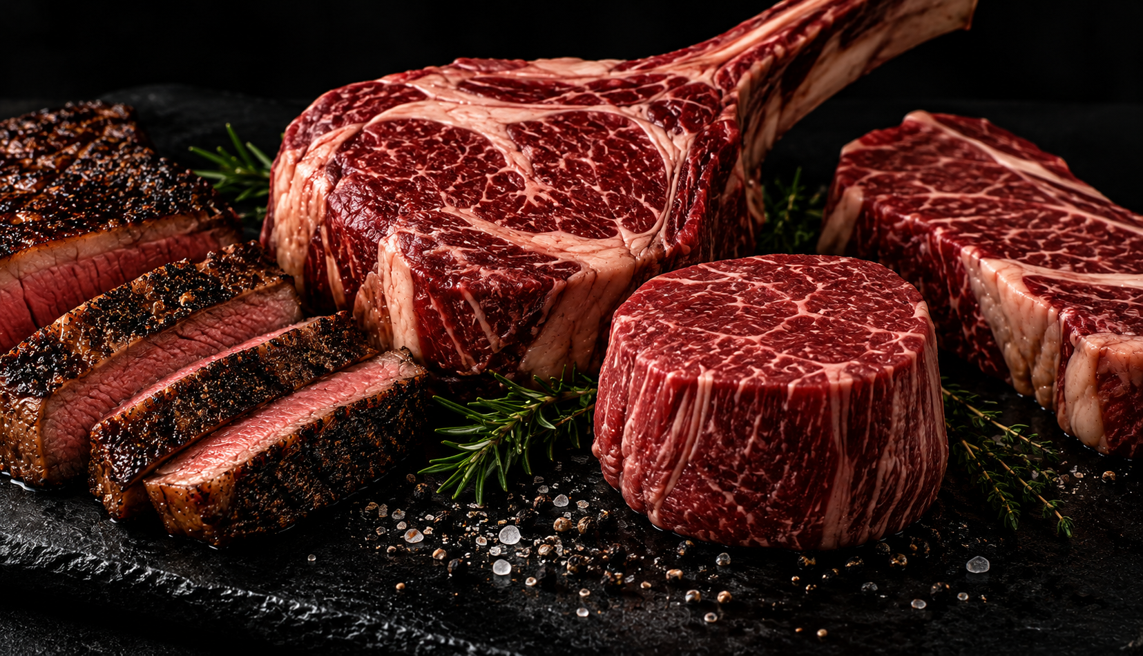 Premium kosher steaks — tomahawk, filet, ribeye on dark slate