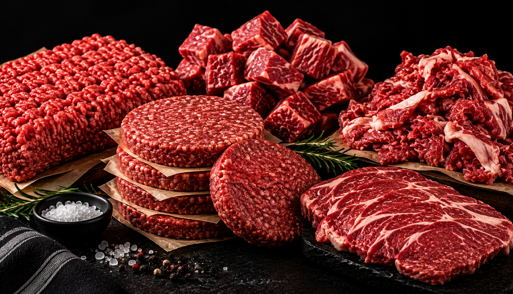 Ground steak, burger patties, beef cubes and shaved ribeye on dark slate